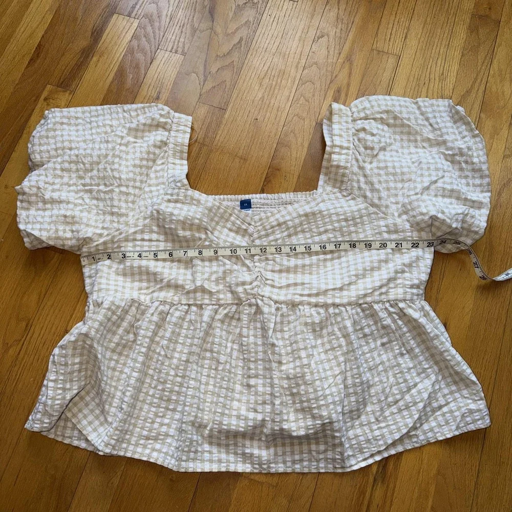 Old Navy Top 3X Beige Gingham Puff Sleeve Square Neck Peplum Cottage Boho Cotton